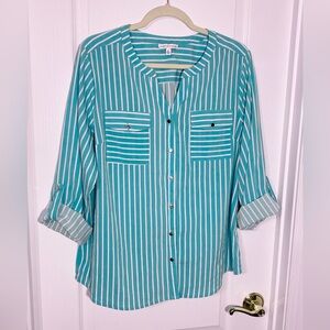 Y2K Notations Striped Roll Tab Sleeve Button Up Blouse Aqua White XL